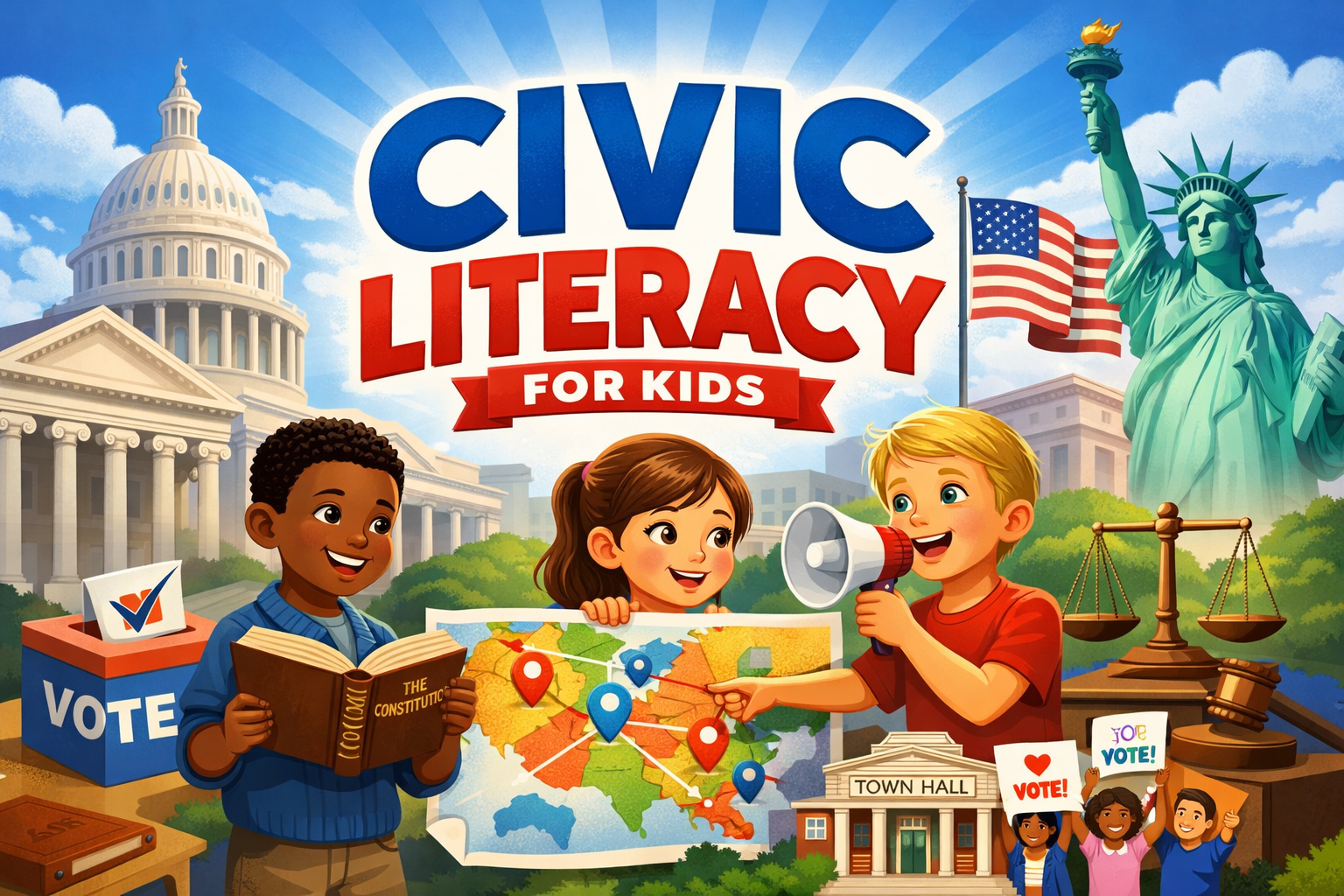 Illustrated classroom-style hero image for the civic literacy curriculum