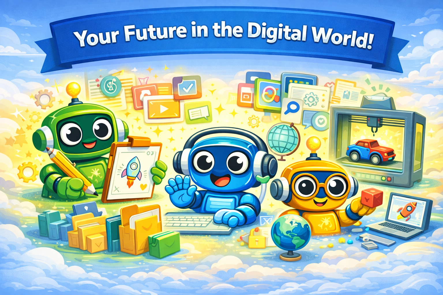 Illustrated classroom-style hero image for the computer literacy curriculum