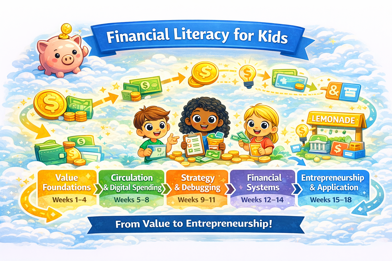 Visual roadmap showing the Financial Literacy for Kids curriculum sequence