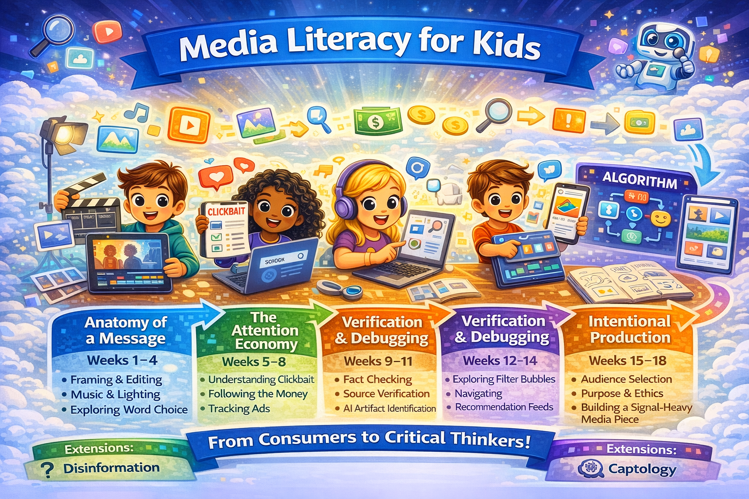 Visual roadmap showing the Media Literacy for Kids curriculum sequence